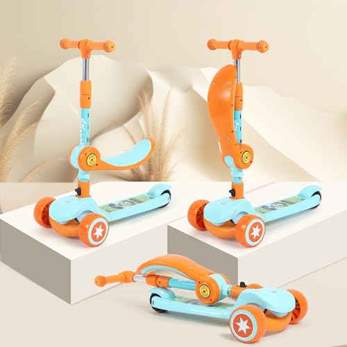 Image of 3 Wheel Kids Scooter with Foldable Seat | Adjustable Handlebar | PU LED Wheels | Light & Music Deck | Sit & Stand Kick Scooter for Boys & Girls 3-14 Years (Green & Orange)
