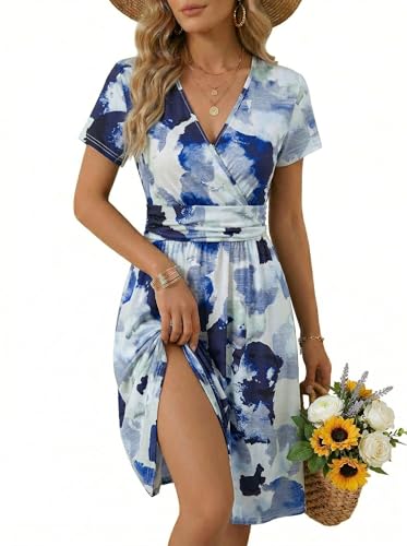 Image of OUGES Casual Summer Dress for Women Wrap V Neck A Line Midi Dresses with Pockets