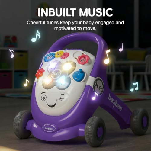 Image of Baybee Oleo Baby Walker for 6-18 Months | Activity Push Walker with Music & LED Lights | Stable Wheels, Easy Grip Handle | Educational Walker for Boys & Girls 0-2 Years (Purple)