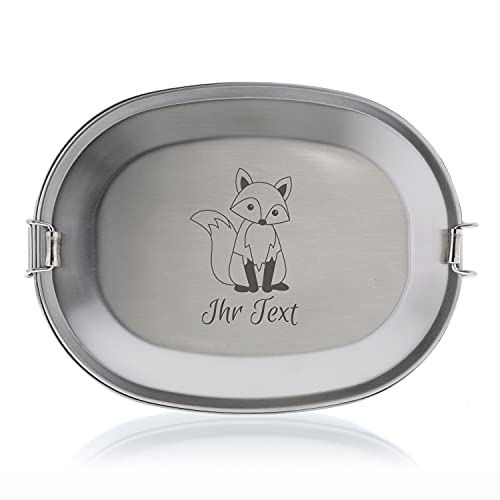 Personalisiertes Edelstahl Brotdose Mit Namen Für Kinder – Mit Fuchs-Motiv, Bambus-Deckel, 16.6x13x6 Cm