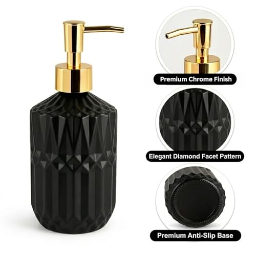 Image of Luxe Home International Geometric Texture Pattern Glass Soap Dispenser for Bathroom and Kitchen Sink Leak Proof Liquid Hand Wash Round Bottle Lightweight Smooth Finish (19x7.5 cm Black) Pack of 1