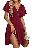 PLMOKEN Vestidos de Verano para Mujer Vestido Sexy con Cuello en V y Manga con Volantes Vestidos de Playa con Bolsillos Rojo Vino M
