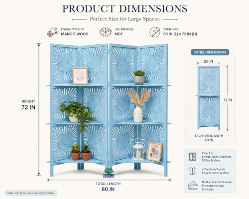 Image of Wooden Room Divider Partition with Display Shelves for Living Room | Foldable 4 Panel Decorative Privacy Screen Separator for Home, Office & Bedroom | (Sky Blue)