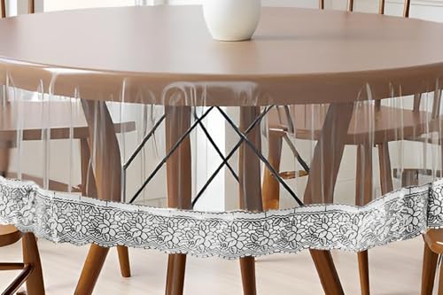 Image of The Furnishing Tree Round Shaped 4 Seater Transparent Table Cover Size 54x54 inches 0.25 mm Thickness with Silver Lace