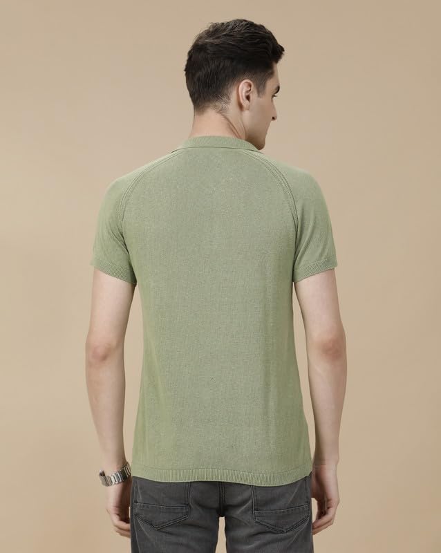 Image of Cavallo by Linen Club Men's Blended Linen Green Solid Contemporary Fit Half Sleeve Polo Neck T-Shirt