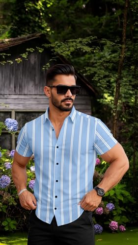 Image of Vertical Striped Short Sleeve Casual Shirt for Men, Stratchable 100% Spandex Material,Black and White