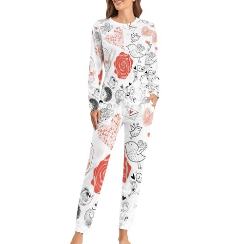 Ensemble de pyjama femme fleurs de chat-oiseau vêtement de nuit manches longues