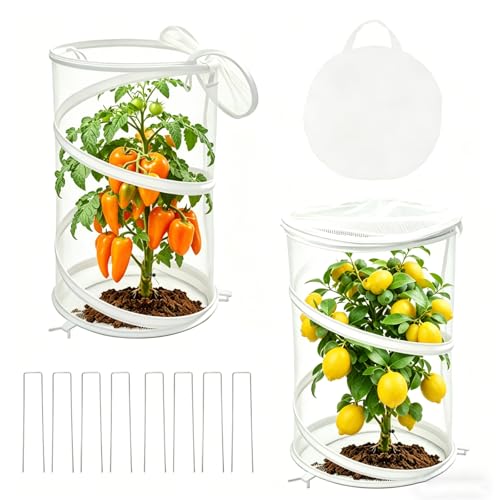 2-Pack Pop Up Plant Covers, Heavy Duty 12"x20" Mesh Plant Cover & Garden Cloche with Ground Stakes, Windproof Plant Protector Tent for Tomato & Strawberry (Protection from Birds & Animals)