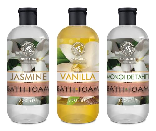 Espuma Baño Set Vainilla & Jazmín & Monoi de Tahiti 3x350ml - Cuidado del Cuerpo - Relajación - Fragancia Exótica - Aromaterapia - Spa - Baños de Burbujas - Belleza