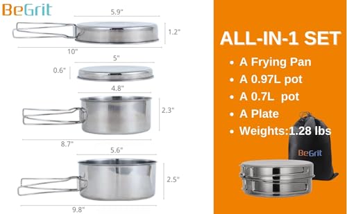 BeGrit Backpacking Camping Cookware Mini Picnic Camping Cooking Mess Kit with Pot and Pan Set for Hiking 4pcs Set - image 2
