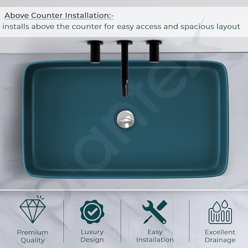 Image of Plantex Ceramic Designer Washbasin for Bathroom /Countertop Bathroom Basin /Rectangle Tabletop Wash Basin for Home /Office /Restaurant (Pine Blue - 26 x 15 x 5 Inch)