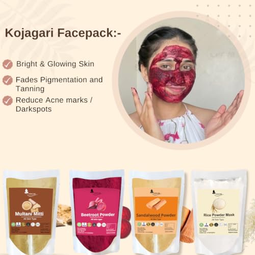Image of Herbal Multani Mitti, Sandalwood, Beetroot, Rice Powder Mask by Kojagari (Combo of 4) | For Face pack | Reduce Acne, Darkspots, Pigmentation, D Tan | Bright and Glowing Skin |