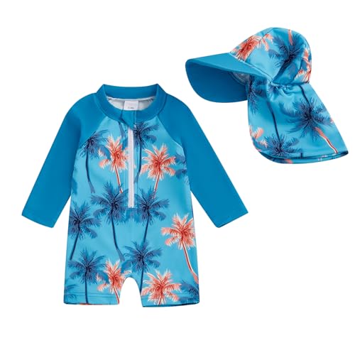 GINEVSAL Toddler Girl Boy Swimsuit Long Sleeve Zipper Rash Guard Infant Swimwear with Sunhat Set Infant Bathing Suit (Sky Blue, 3-6 Months)