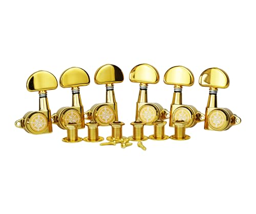 Guyker 6Pcs Guitar Locking Tuners (3L + 3R) – 1:21 Lock String Tuning Key Pegs Machine Heads with Half-Circle Handle Replacement for LP SG Style Electric, Folk or Acoustic Guitars – Golden