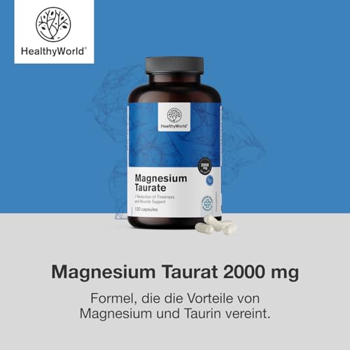 HealthyWorld® Magnesium Taurat 2000 mg - 120 Pflanzenkapseln - Magnesium + Taurin - Hoher Gehalt - Für Muskeln und Nervensystem - Gut verträglich