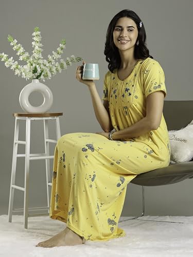 Image of 9shines Label Stylish Cotton Blend Embroidered Maxi Nightdress for Women with Pocket| Full Length Nightwear| Premium Nightdress| Comfortable Nightwear(5256)