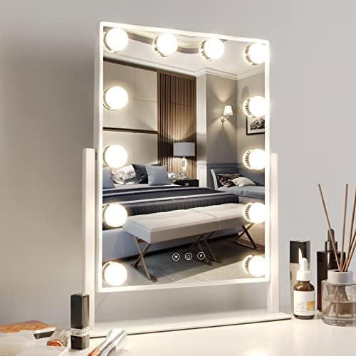 Meidom Hollywood Vanity Mirror with Lights, Lighted Dressing Table Makeup Mirror with 12 LED Bulbs, 3 Color Modes, 360° Rotating Light Up Mirrors for Bedroom Tabletop - White