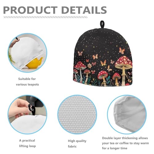 Image of Mushroom Butterfly Print Tea Cosy Tea Pot Cozies with Top Handle Decorative Accessories for Teapots Kitchen Home Table Breakfast Warmer Dust Cover Teapot Cozies