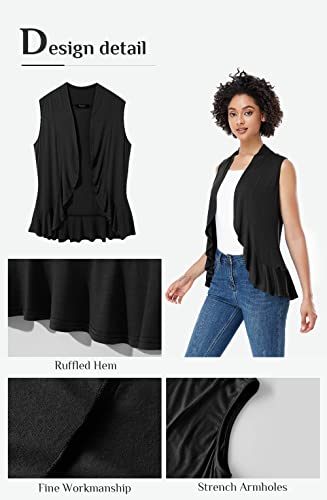 Xeoxarel Women's Sleeveless Cardigan Open Front Draped Vest Lightweight Asymmetric Hem Black M #TOP5