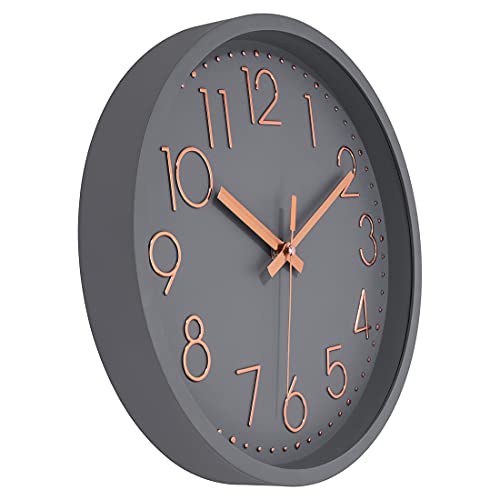 Foxtop Silent Non-Ticking Round Modern Quartz Decorative Battery Operated Wall Clock for Living Room Bedroom Kids Room Office School (Grey Rose Gold, 12 inch) - Image 3
