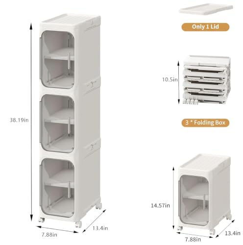 Image of 3-Tier Slim Bathroom Narrow Storage Cabinet with Wheels, White | Tool Free Assembly, Adjustable shelves, Lockable Wheels, Magnetic Clear Door, Fits for Narrow Spaces