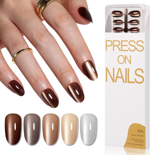 Cat Eye Press on Nails Extra Short Oval, 5 Color Brown Chrome Nai...