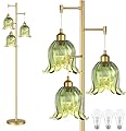 QIYIZM Gold Floor Lamp for Living Room,Bedroom,Tree 3 Light Standing Lamp Mid Century Modern Brass Tall Floor Lamps Vintage Retro Floor Lights Green Glass Flower Lamp Shade Farmhouse Boho Bohemian