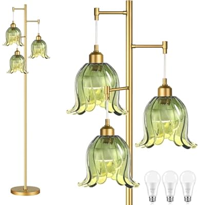 QIYIZM Gold Floor Lamp for Living Room,Bedroom,Tree 3 Light Standing Lamp Mid Century Modern Brass Tall Floor Lamps Vintage Retro Floor Lights Green Glass Flower Lamp Shade Farmhouse Boho Bohemian
