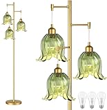 QIYIZM Gold Floor Lamp for Living Room,Bedroom,Tree 3 Light Standing Lamp Mid Century Modern Brass Tall Floor Lamps Vintage Retro Floor Lights Green Glass Flower Lamp Shade Farmhouse Boho Bohemian