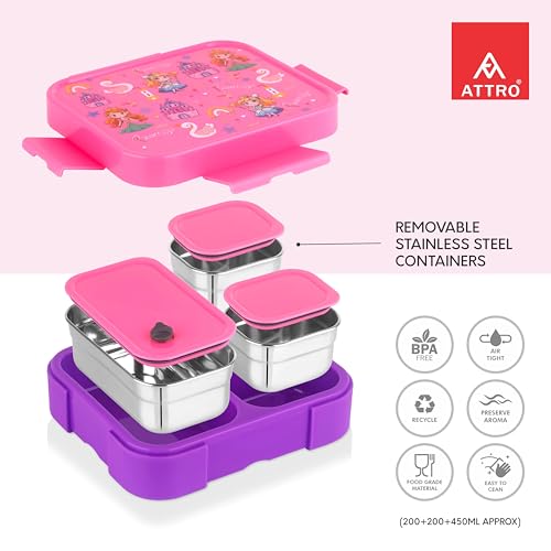 Image of ATTRO Admire Deluxe 3 Compartment Stainless Steel Lunch Box, BPA-Free Inner Steel, Lightweight & Durable, Easy Carry Tiffin for Kids,School & Travel-Princess Print Pink-800ml