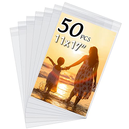 50 Pack Acid-Free Crystal Clear Sleeves Storage Bags for 11x17 Art Prints/Pictures/Photos/Framing Mat Mattes (Bag Size: 11 3/7 x17 1/2)