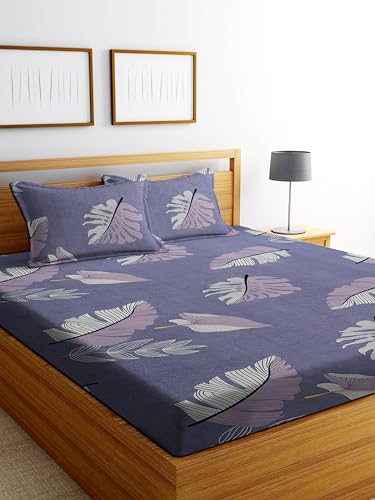 Image of DECORUM Glace Cotton Fitted 1 Bedsheet King Size (72 inchx78 inch) | All Around Elastic | Cotton Feel | 2 Pillow Covers (17 inchx27 inch) | Fits Up to 8 inch Mattress | 200-220 TC | Printed Double Bed Sheet Set