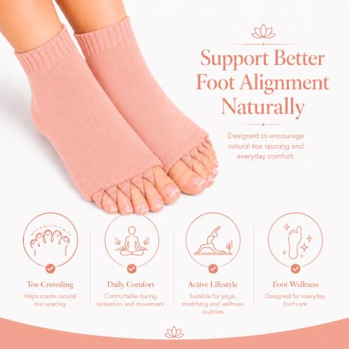 Image of Foot Alignment Socks Men & Women | Five Toe Separator | Foot Pain Relief | Bunion Corrector | Plantar Fasciitis | Improving Posture & Increasing Flexibility | Free Size | 1 Pair | UK8-11 (Peach)