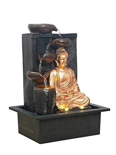 Image of Polyresin Golden Brown Meditating Buddha Tabletop Indoor 4 Diya Steps Water Fountain for Home Decor with Yellow LED Light & Speed Controller Pump (Size: 40 x 29.5 x 22CM | Wt: 2685grm)