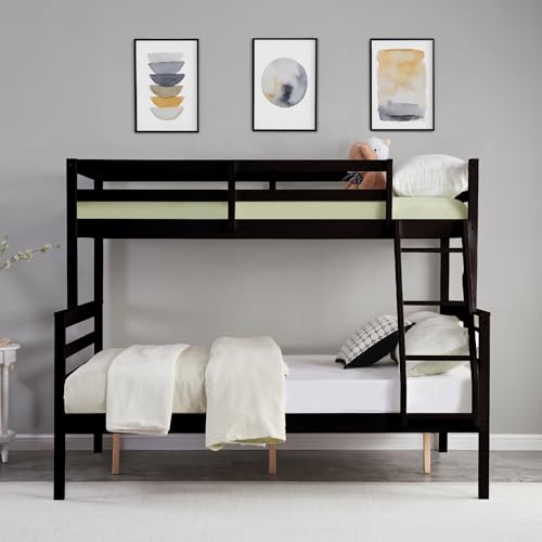 Image of Softa Twin Over Full Bunk Bed with Ladder,Wooden Bunk Bed with High Guardrail and Ladder for Kids, Teens, Dorm Rooms, and Guest Rooms,No Box Spring Needed