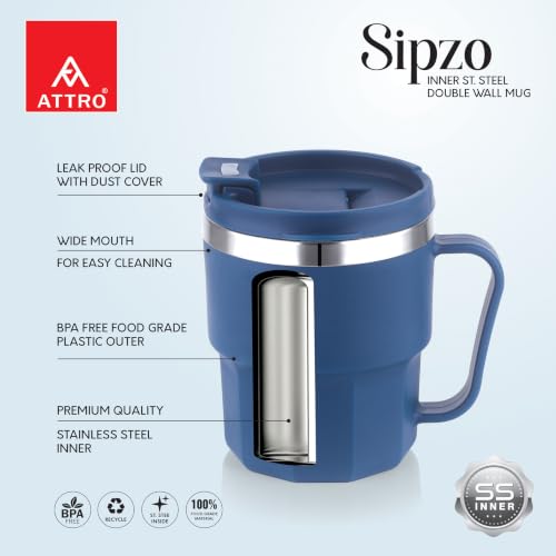 Image of ATTRO Sipzo Double Wall Inner Steel Coffee Mug, 350ml, Microwave Safe, Stainless Steel Inner, BPA Free Food Grade Outer, Leakproof Lid with Dust Cover, Wide Mouth, Office & Travel Mug-Blue