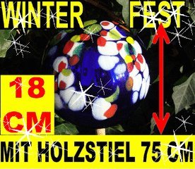 Preisvergleich Produktbild BTV 18 cm, Gartenkugel-Gartendeko Rosenkugel,Glas verspiegelt, handwerklich hergestellt,KOMPLETT MIT Holz-STIEL, gartendeko Kugel FROSTSICHER, LICHT- und WETTERFEST, gros,blau + gelb rot weiß Punkte