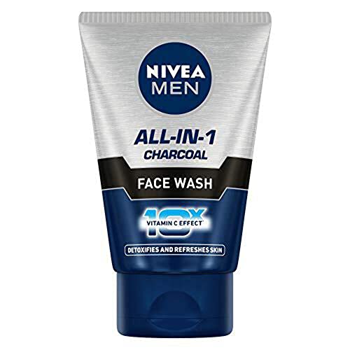 NIVEA MEN All in 1 Charcoal Face Wash 100 g | With Charcoal, Mulethi & Mint for complete detox in Summer | 10 X Vitamin C Effect for Radiant Skin | Fo