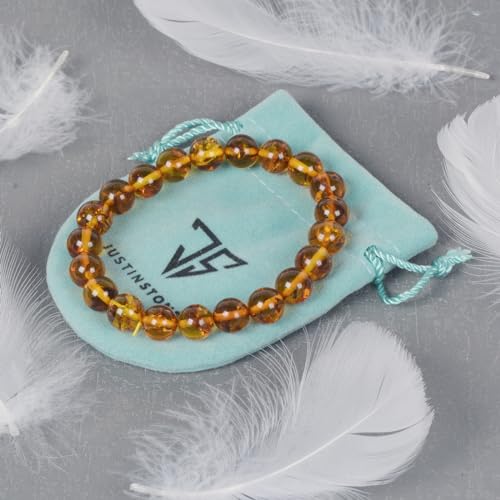 Justinstones Natural Amber Honey Wax Energy Beads Bracelet Crystal Healing Irregular Freeform Baltic Amber Stretchable Bracelet for Adults (Women/Men)4