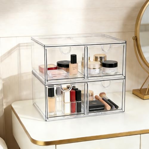 Image of Prsildan Acrylic Storage Drawers Clear Makeup Organizer with 4 Drawers | Transparent, Stackable, For Vanity Bathroom Kitchen Cabinets Office Desk Undersink, Cosmetics Toiletries Home Small Items