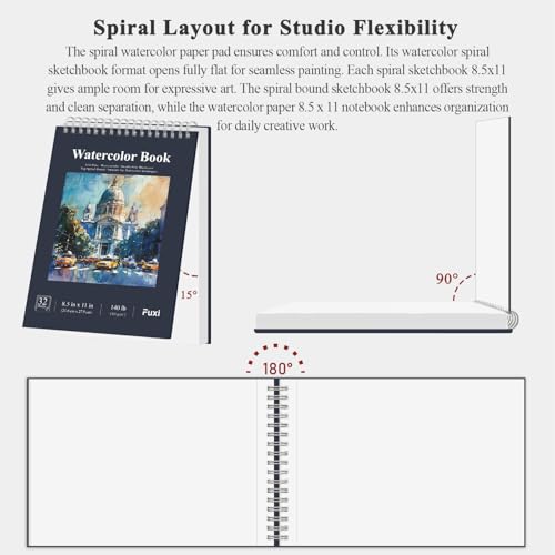 Image of Fuxi Watercolor Notebook 8.5 inch x 11 inch, 140 lb Cold Press Watercolor Paper, 32 Sheets (64 Pages) Water Color Paper Pad, Art Supplies for Adults Painting, Gouache & Ink.