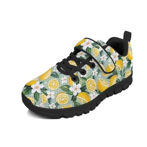 Boys Girls Shoes Kids Sneakers Athletic Running School Shoes for Little Kid/Big Kid Lemon Floral Pattern（Black Sole）