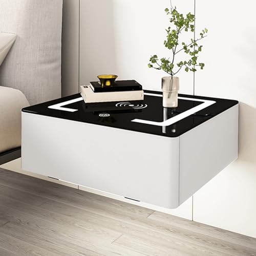 HJYBFA Mesita de Noche Flotante estación de Carga y Luces LED, luz de Pared con Sensor automático, Cubierta de Vidrio Templado y Cuero de Microfibra (Color: Blanco, 2 Piezas, t