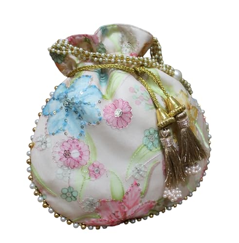 Image of MILAN'S CREATION Designer Organza Potli Bags Potli Bag Purse Drawstring Women's handbag with Pearl Handle & Tassel Weddings