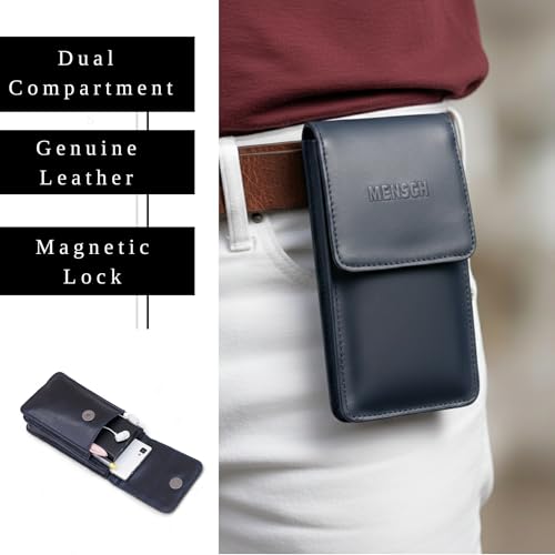 Image of MENSCH Genuine Leather Multifunctional Phone Mobile Pouch Waist Bag with Belt Loop for Accessories, Apple iPhones, Smartphones, Androids Upto 6.7 inch for Daily Use, Travelling for Men & Women (Blue)