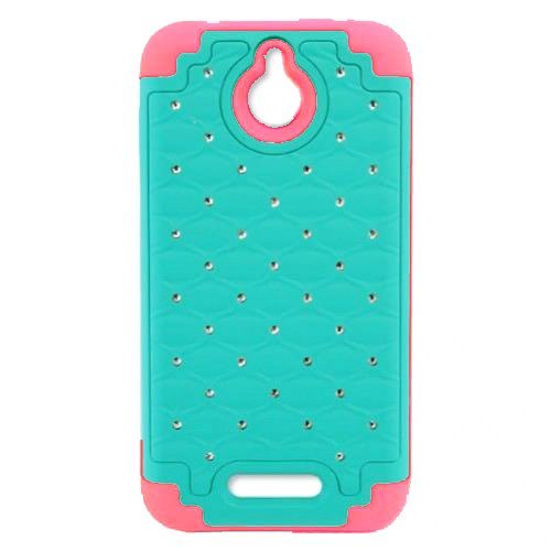 Digital4all(TM) for HTC Desire 510 Diamond Studded Defender Silicone Rubber Skin Hard Case + [Free LCD Screen Protector Shield(Ultra Clear)+Touch Screen Stylus] (Diamond Teal/Hot Pink)