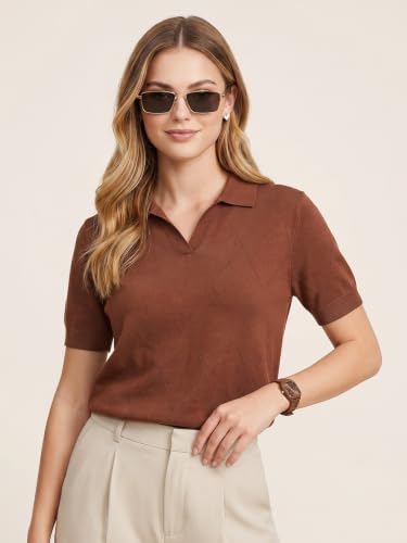 Image of JUNEBERRY Women's Flatknit Solid Half Sleeve Polo T-Shirt with Collared Neck, Casual Style for Office, Travel, (Sizes S to 2XL)