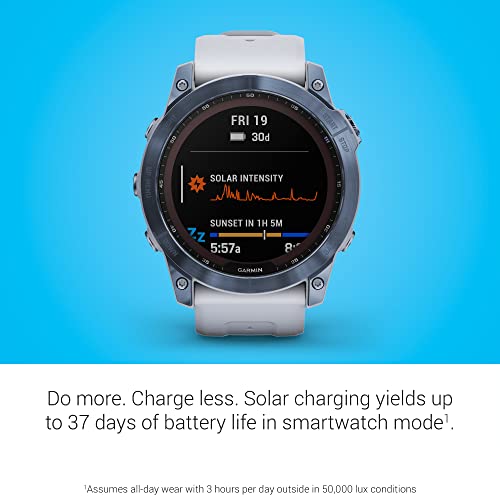 Image of Garmin Fenix 7X Sapphire Solar, Larger Adventure smartwatch, with Solar Charging Capabilities, Rugged Outdoor GPS Watch, Touchscreen, Wellness Features, Mineral Blue DLC Titanium with Whitestone Band