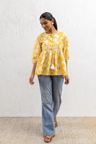 Image of Leriya Fashion Women Rayon Printed Kurti | 3 /4 Sleeve Band Collar Short Kurta Top | Elegant Kaftan | Ethnic Casual Office Wear Regular Fit Tunic for Girls, Festive & Everyday Wear