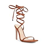 Ermonn Womens Strappy Lace Up Square Open Toe Stiletto Heeled Sandals High Brown HeeIs Criss-Cross Summer Dress Wedding Size 7.5